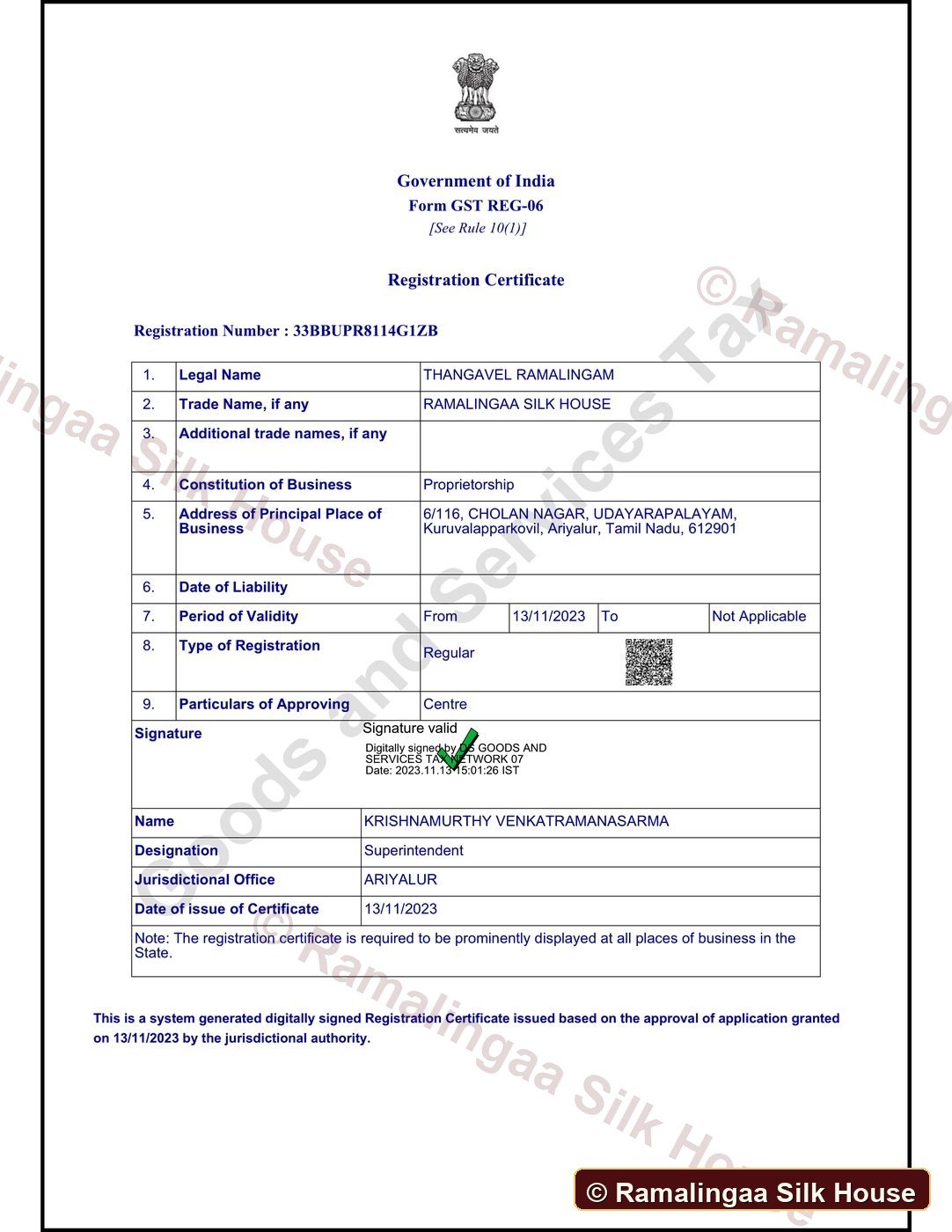 Ramalingaa Silk House gst certificate